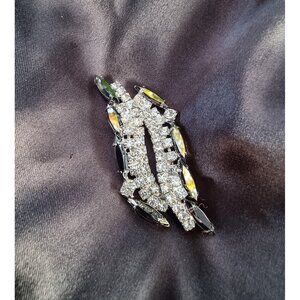Vintage Brooch Pin Fancy Navette Black and White Rhinestones